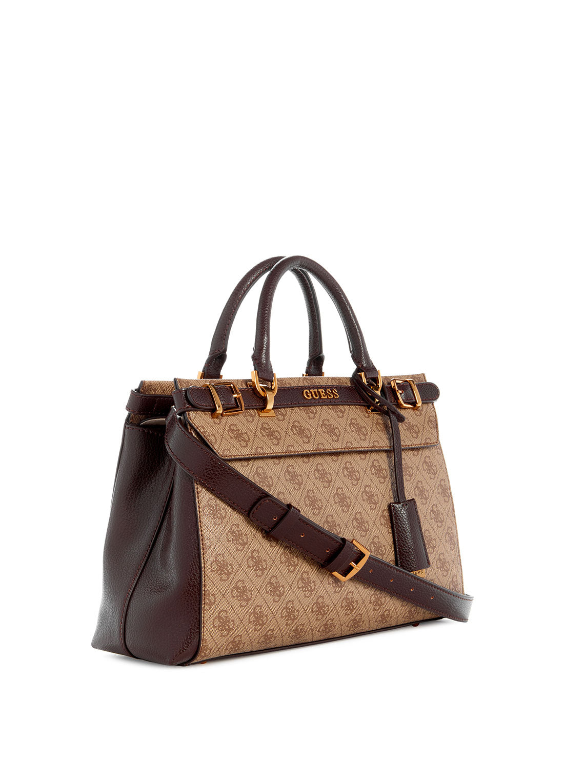 GUESS Women's Brown Latte Logo Sestri Luxury Satchel Bag SZ900106 Angle View