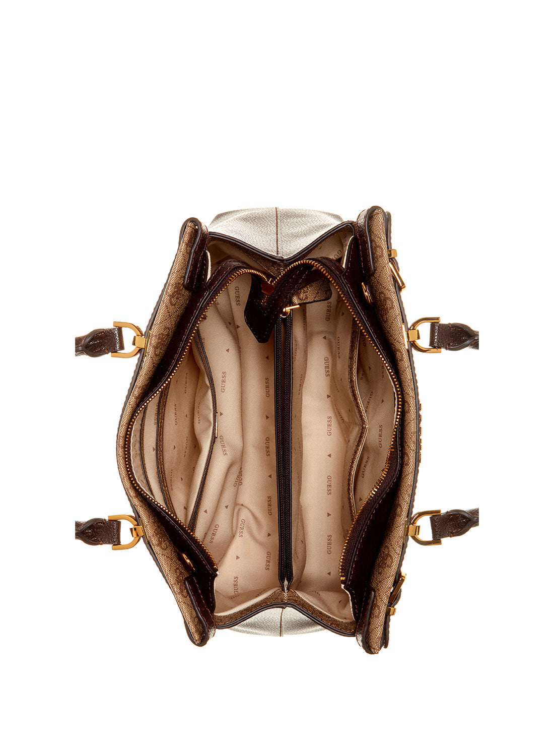 GUESS Women's Brown Latte Logo Sestri Luxury Satchel Bag SZ900106 Inside View