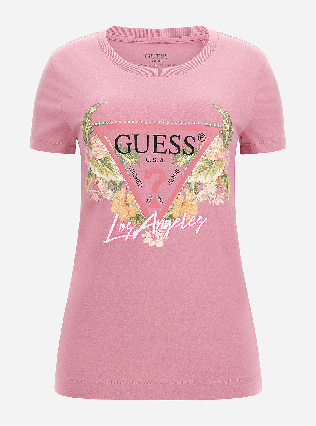 GUESS Women's Eco Blush Flowers Logo T-Shirt W3GI41J1314 Ghost View