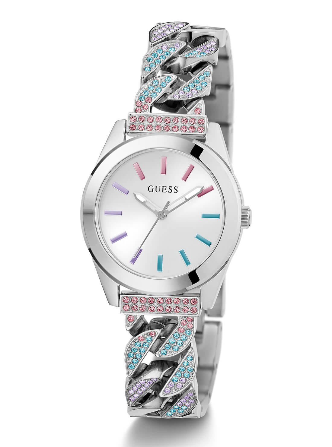 Silver Serena Multi Glitz Link Watch | GUESS Women's Watches | side view alt 