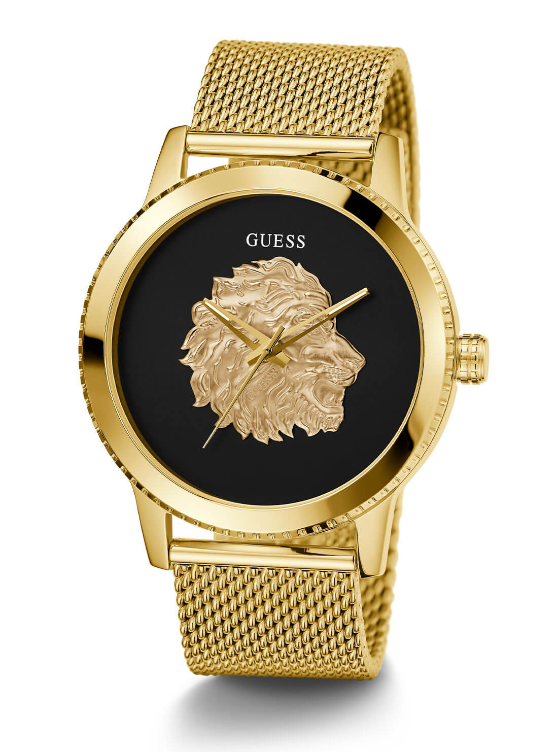 Gold Monarch Black Lion Mesh Watch | GUESS men's Watches | full view