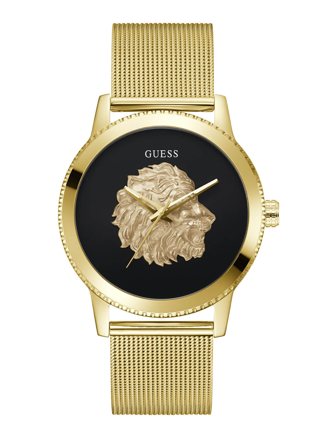Gold Monarch Black Lion Mesh Watch | GUESS men's Watches | front view