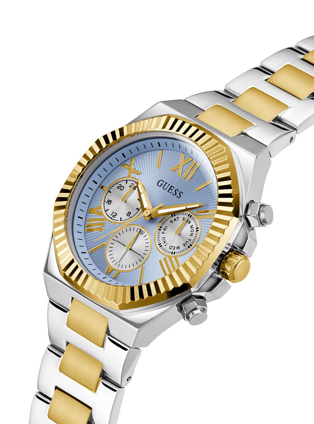Silver and Gold Equity Blue Link Watch | GUESS men's watches | detail view