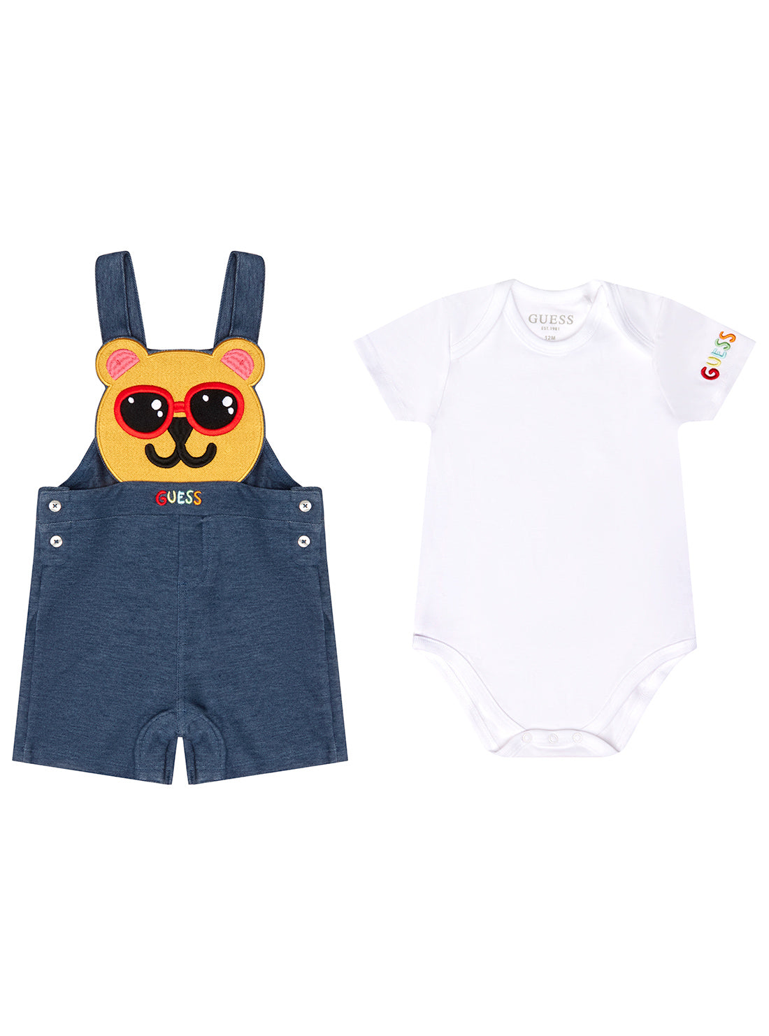 Baby's Blue Denim Teddy Bear Overalls and White Onesie front view