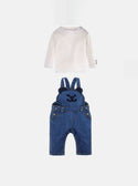 White Long Sleeve Top and Blue Denim Bear Overalls Set (3-18M) | GUESS Kids | front view