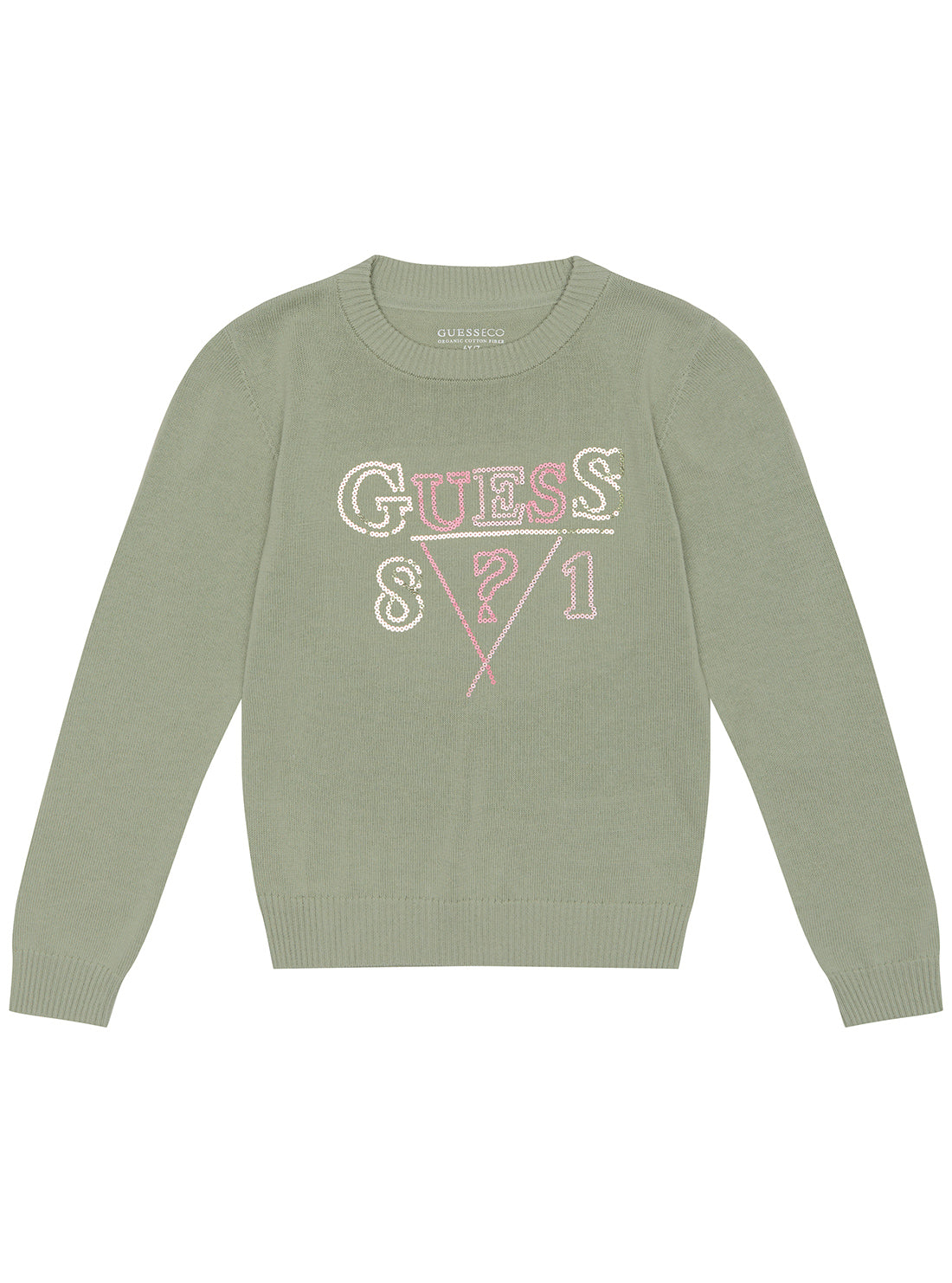 Matcha Green Long Sleeve Logo Knit Top (2-7) | GUESS Kids | front view