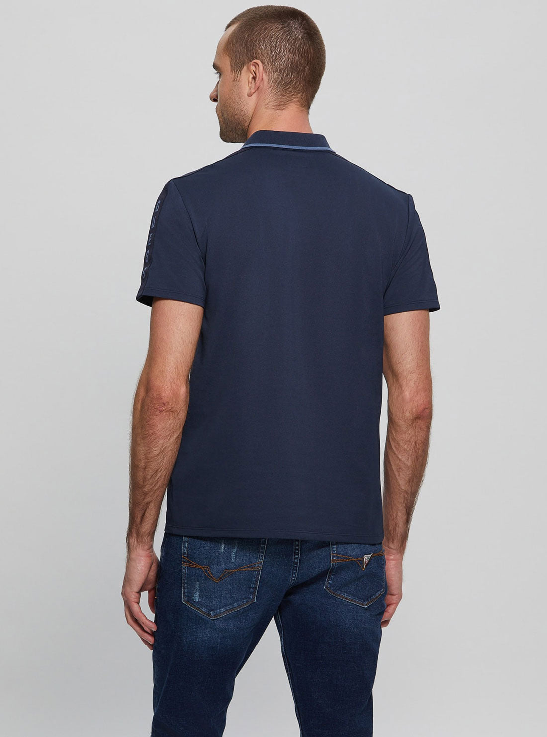 Navy Blue Paul Pique Tape Polo T-Shirt | GUESS Men's Apparel | back view