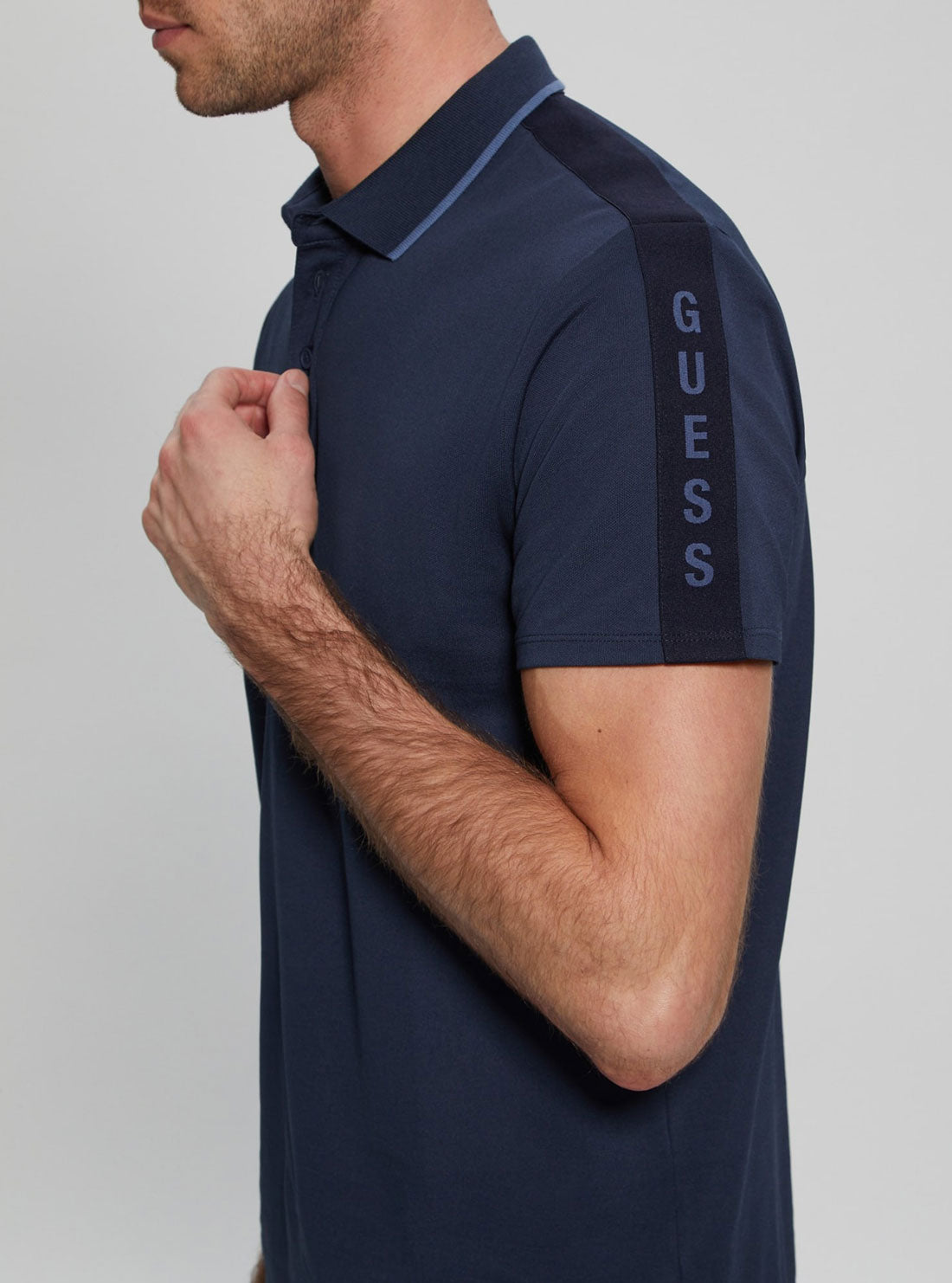 Navy Blue Paul Pique Tape Polo T-Shirt | GUESS men's Apparel | detail view