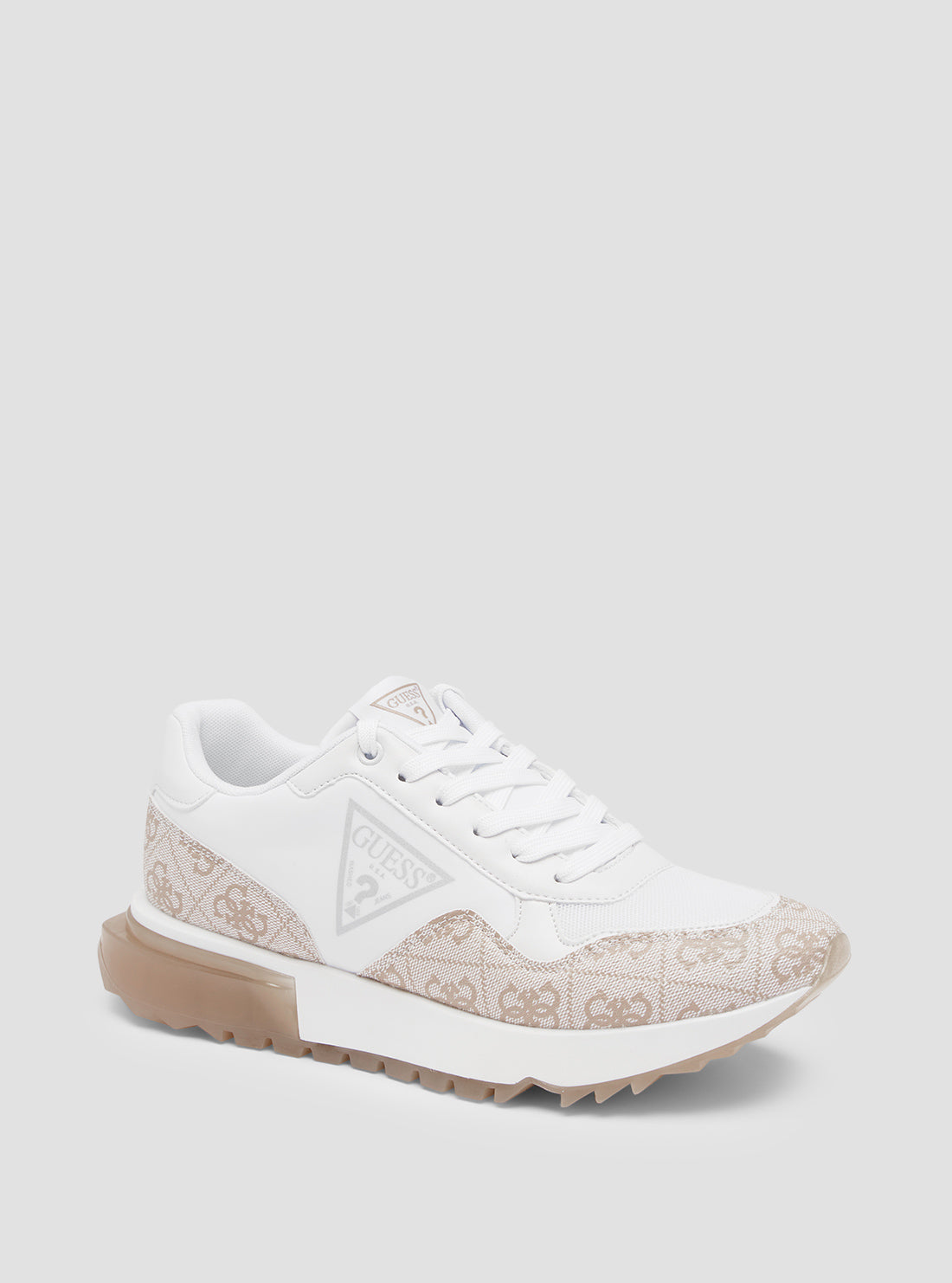 White and Taupe Melany Logo Sneakers | GUESS Women's Shoes | front view