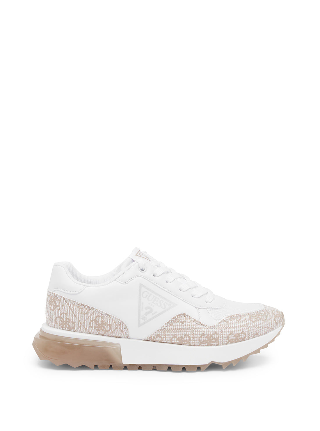 White and Taupe Melany Logo Sneakers | GUESS Women's Shoes | side view