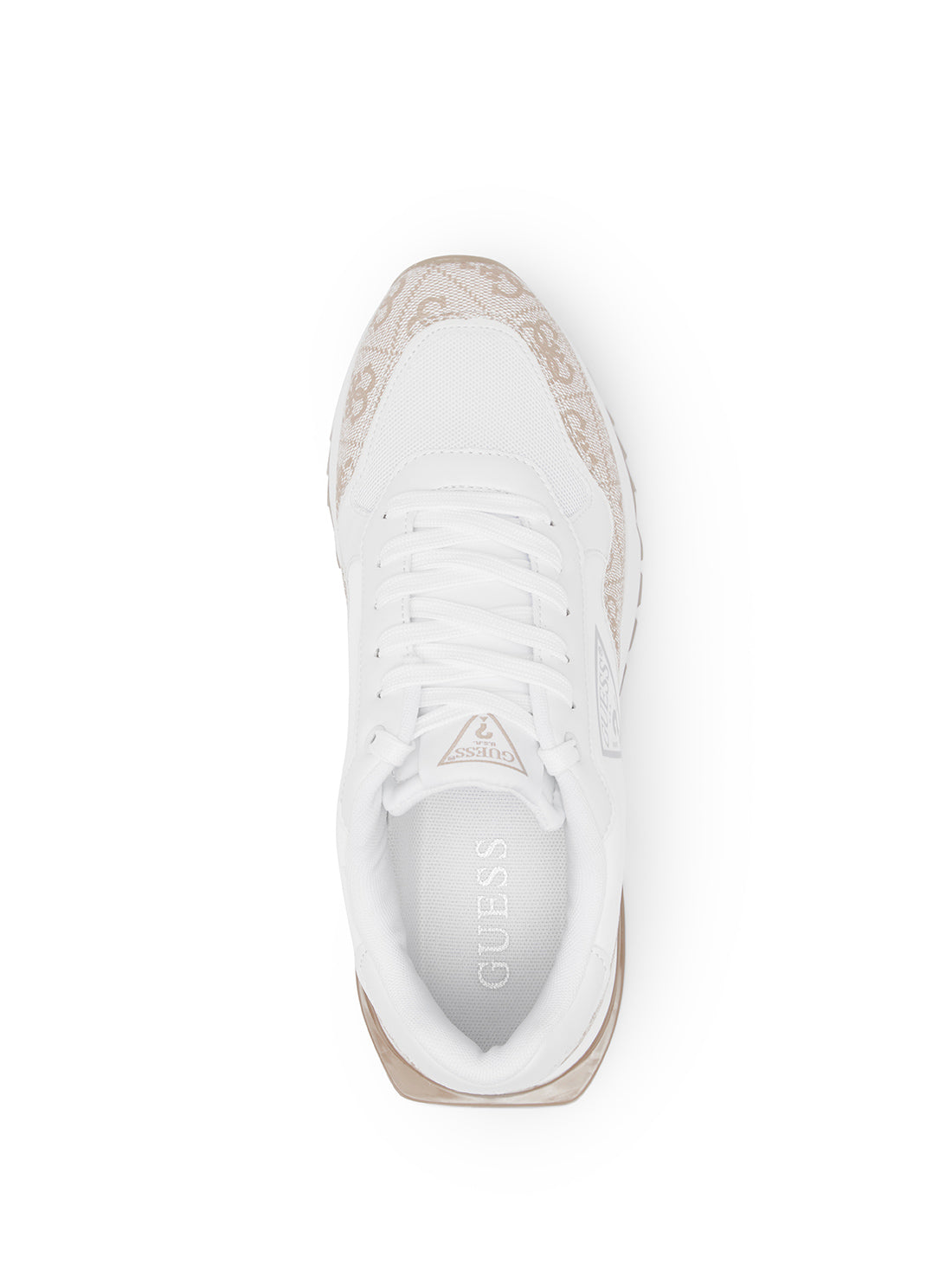 White and Taupe Melany Logo Sneakers | GUESS Women's Shoes | top view