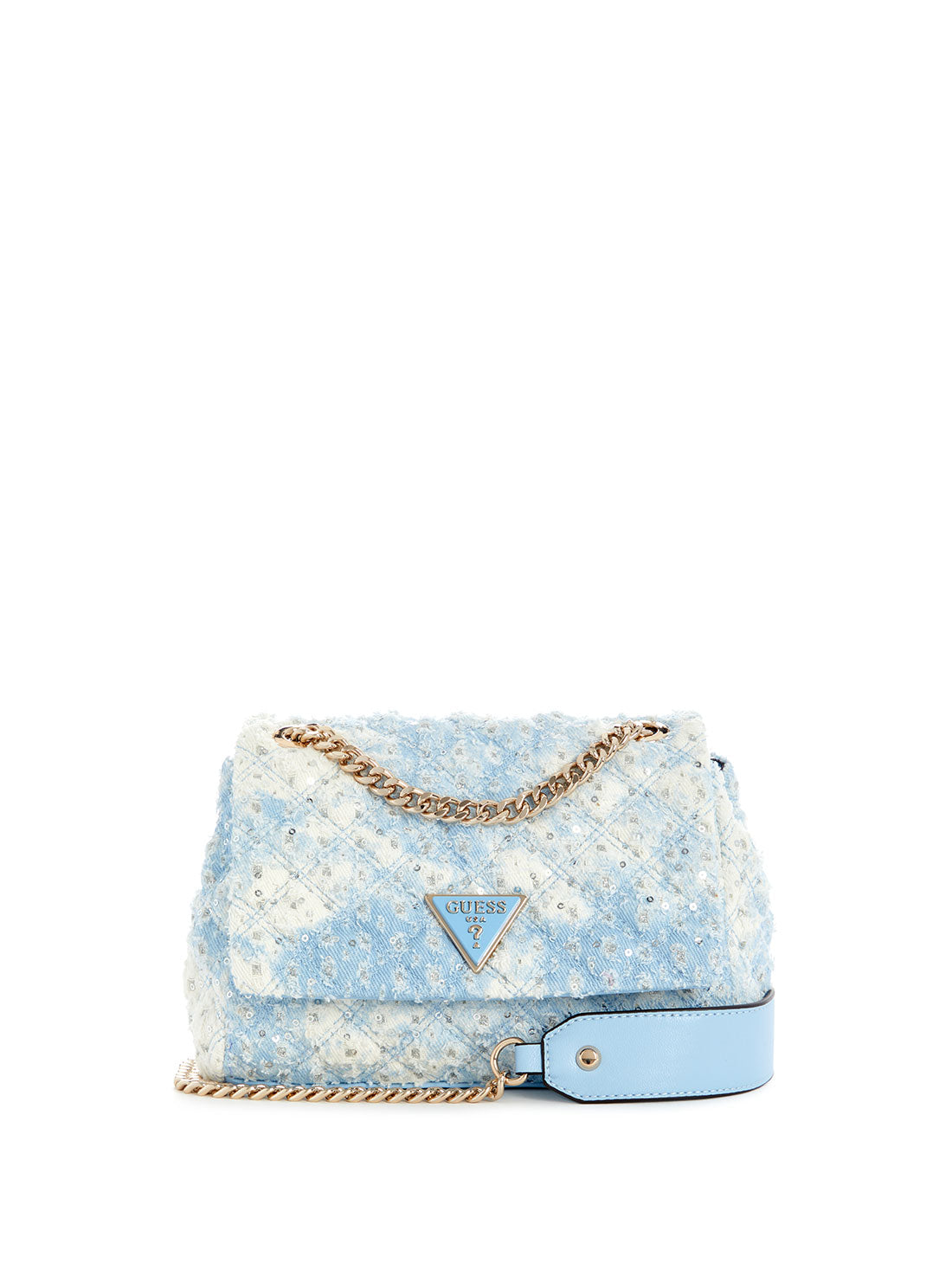 GUESS Sky Blue Rianee Crossbody Flap Bag front view