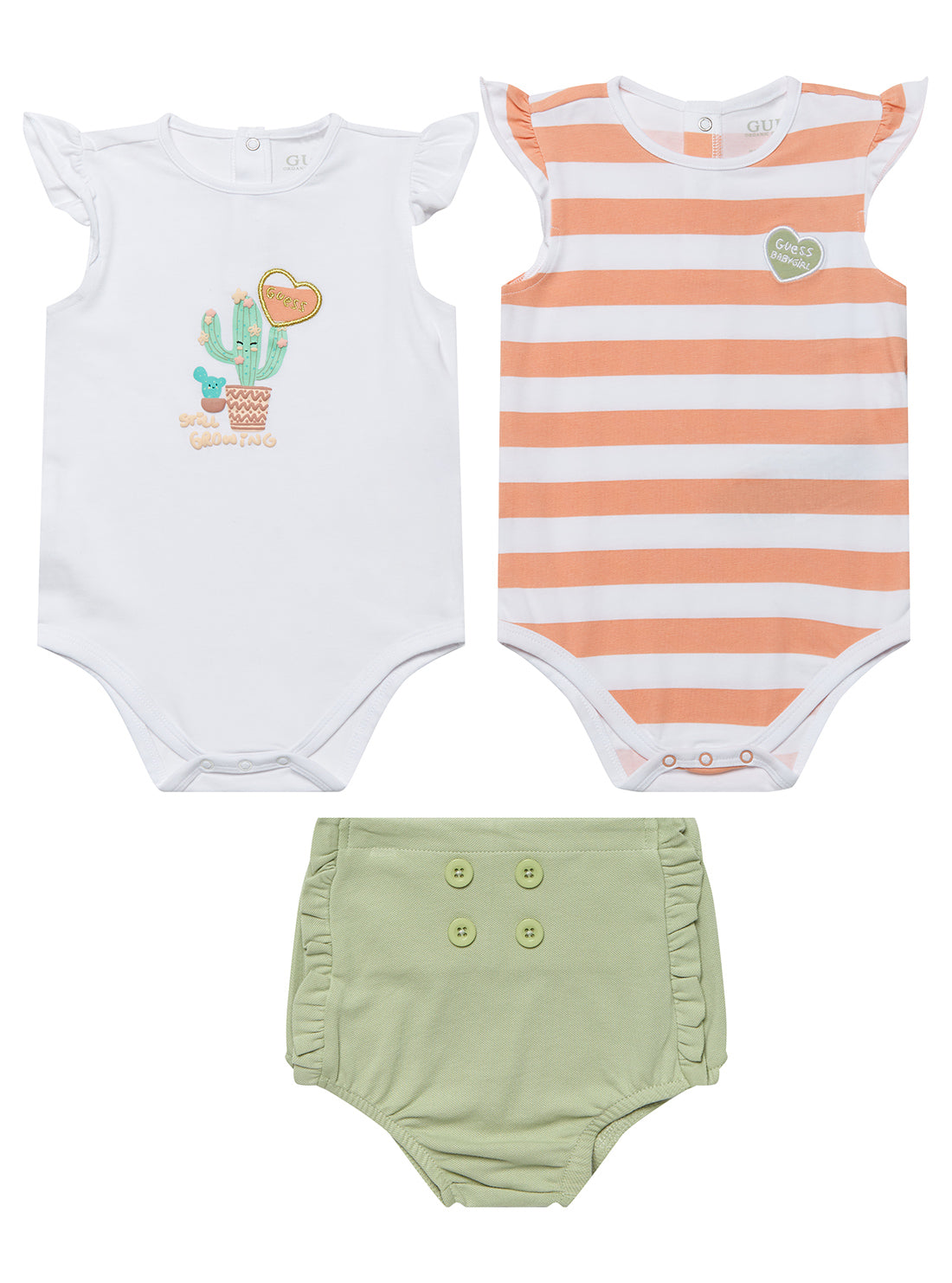 Girl's White and Orange Cacti Onesie with Panties Set (0-9M) | GUESS baby | front view