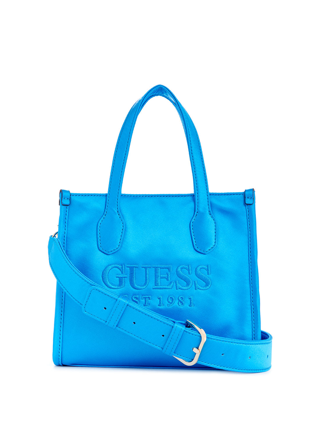 GUESS Blue Silvana Mini Tote Bag front view