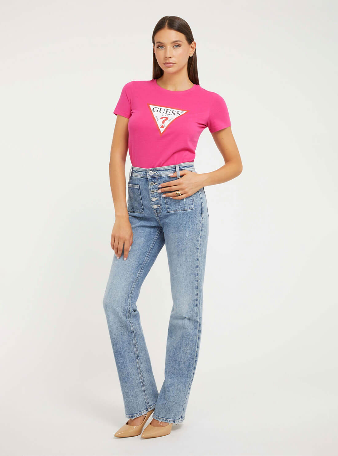 Pink Triangle Logo T-Shirt | GUESS Women's Apparel | full view