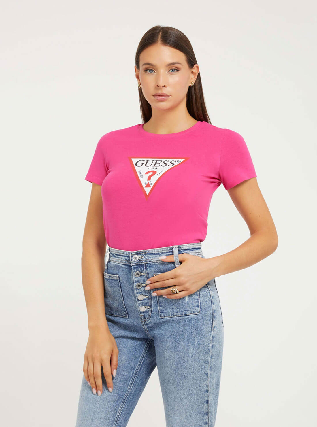 Pink Triangle Logo T-Shirt | GUESS Women's Apparel | front view