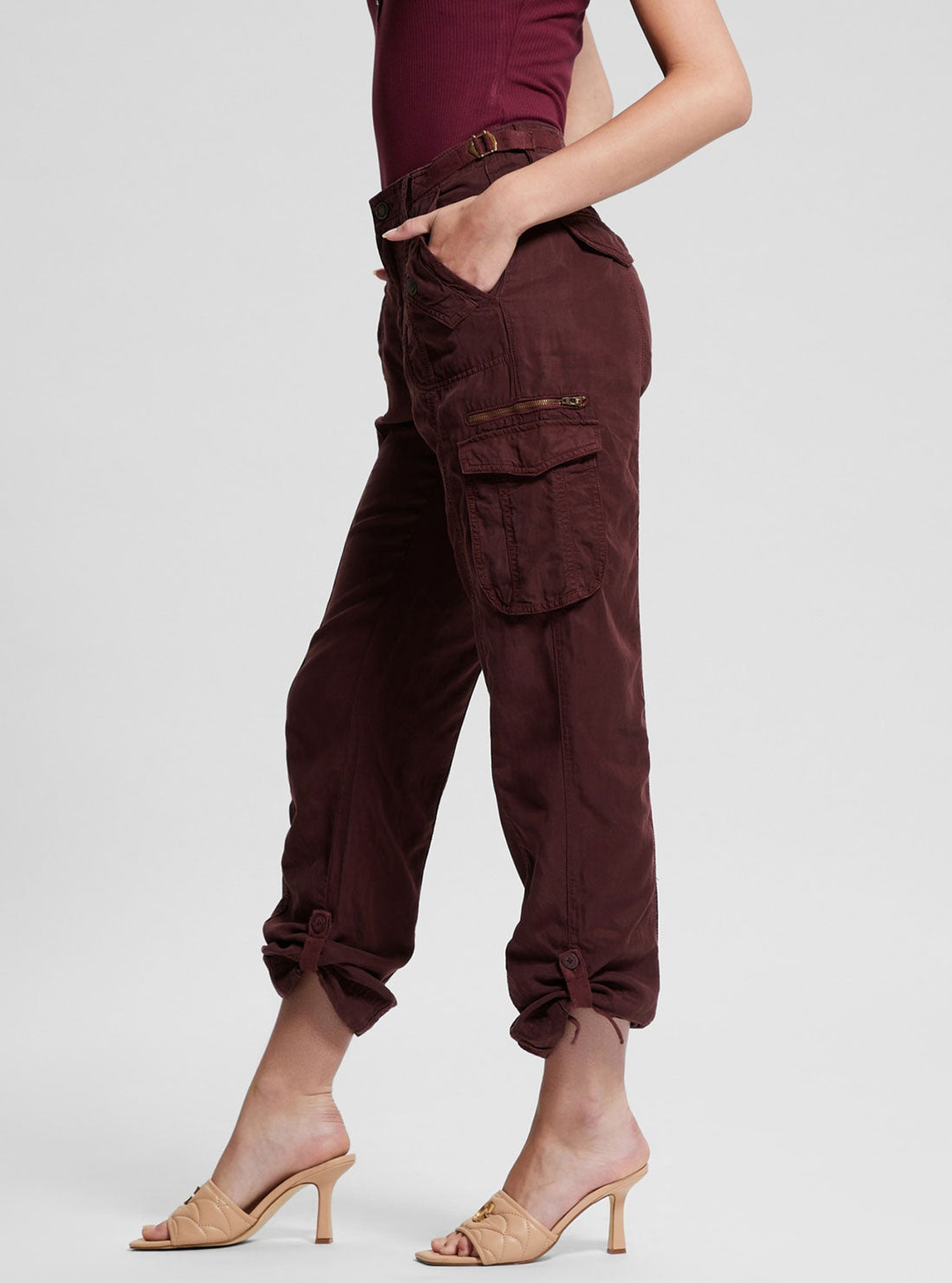 Eco Maroon Nessi Cargo Pants | GUESS Women's Apparel | side view