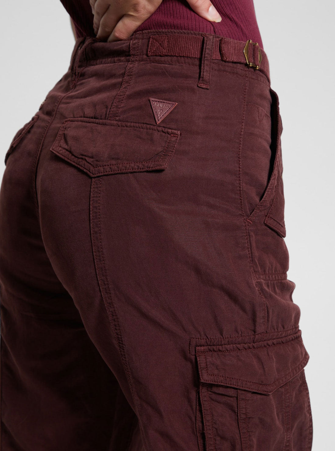 Eco Maroon Nessi Cargo Pants | GUESS Women's Apparel | detail view