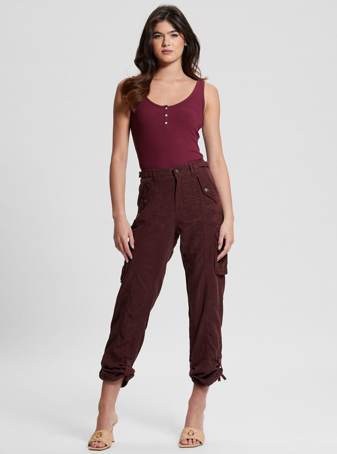 Eco Maroon Nessi Cargo Pants | GUESS Women's Apparel | full view