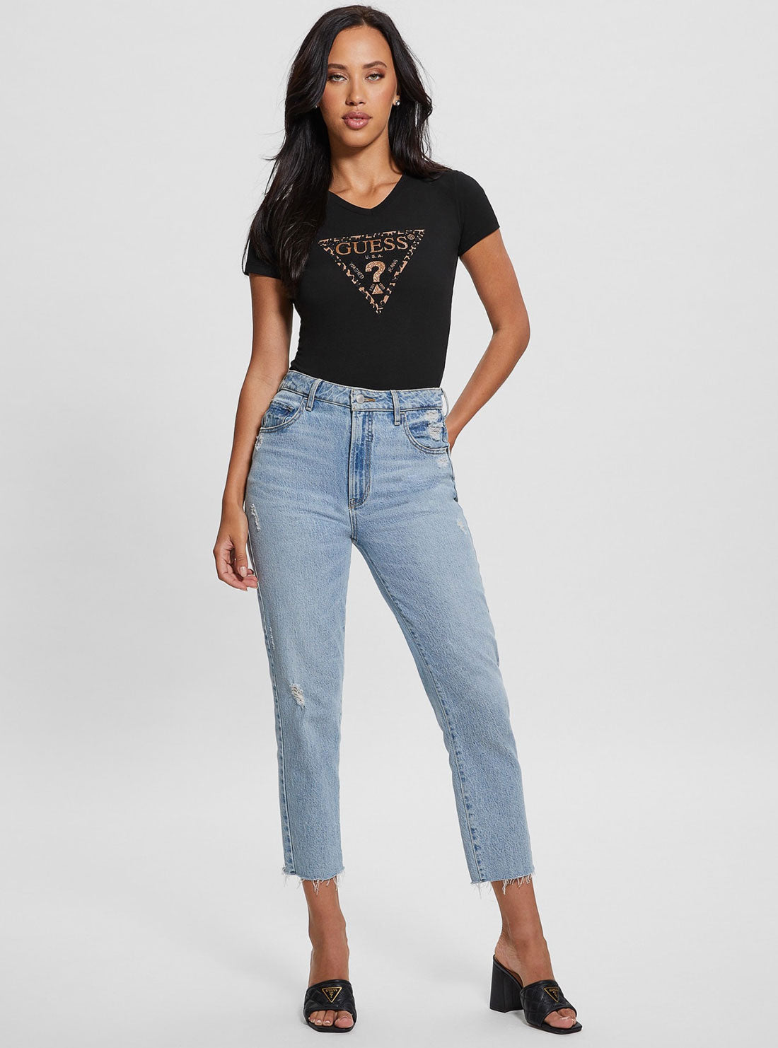 Black Leo Triangle Logo T-Shirt | GUESS Women's Apparel | full view