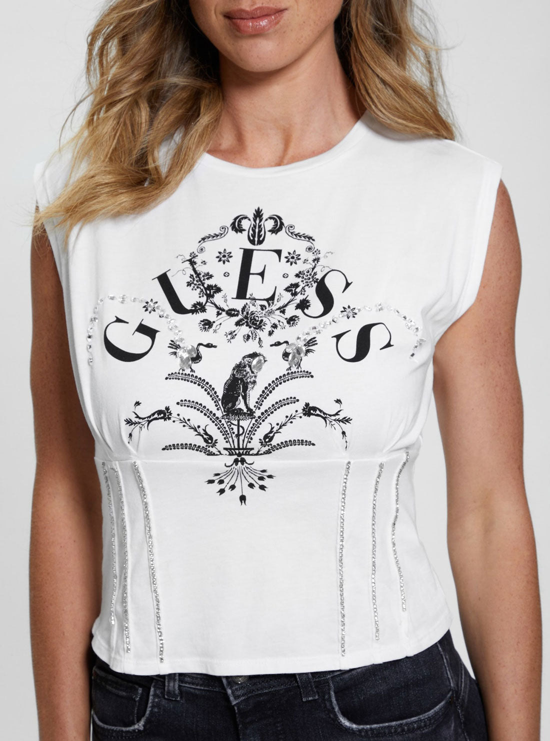 White Queen Corset T-Shirt | GUESS Women's Apparel | detail view