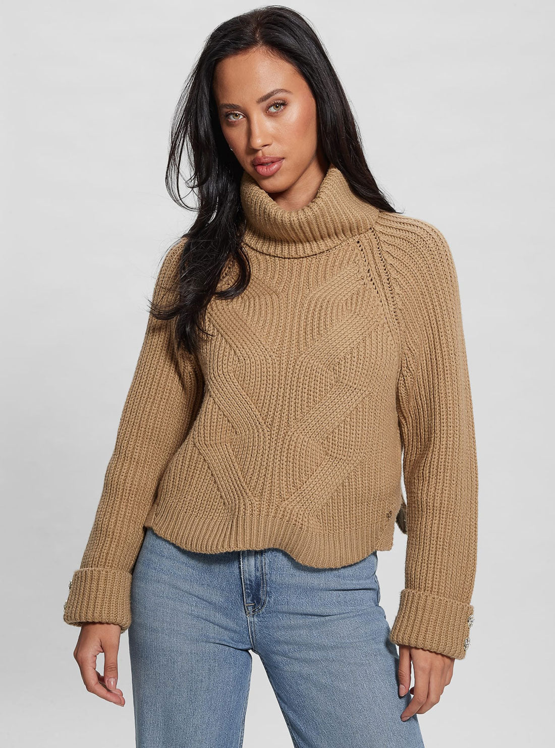 Taupe Brown Lois Turtleneck Knit Top | GUESS Women's Apparel | front view