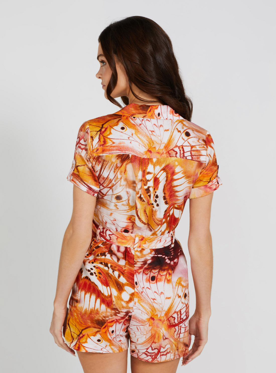 Eco Orange Butterfly Print Cindy Linen Romper | GUESS Women's Apparel | back view