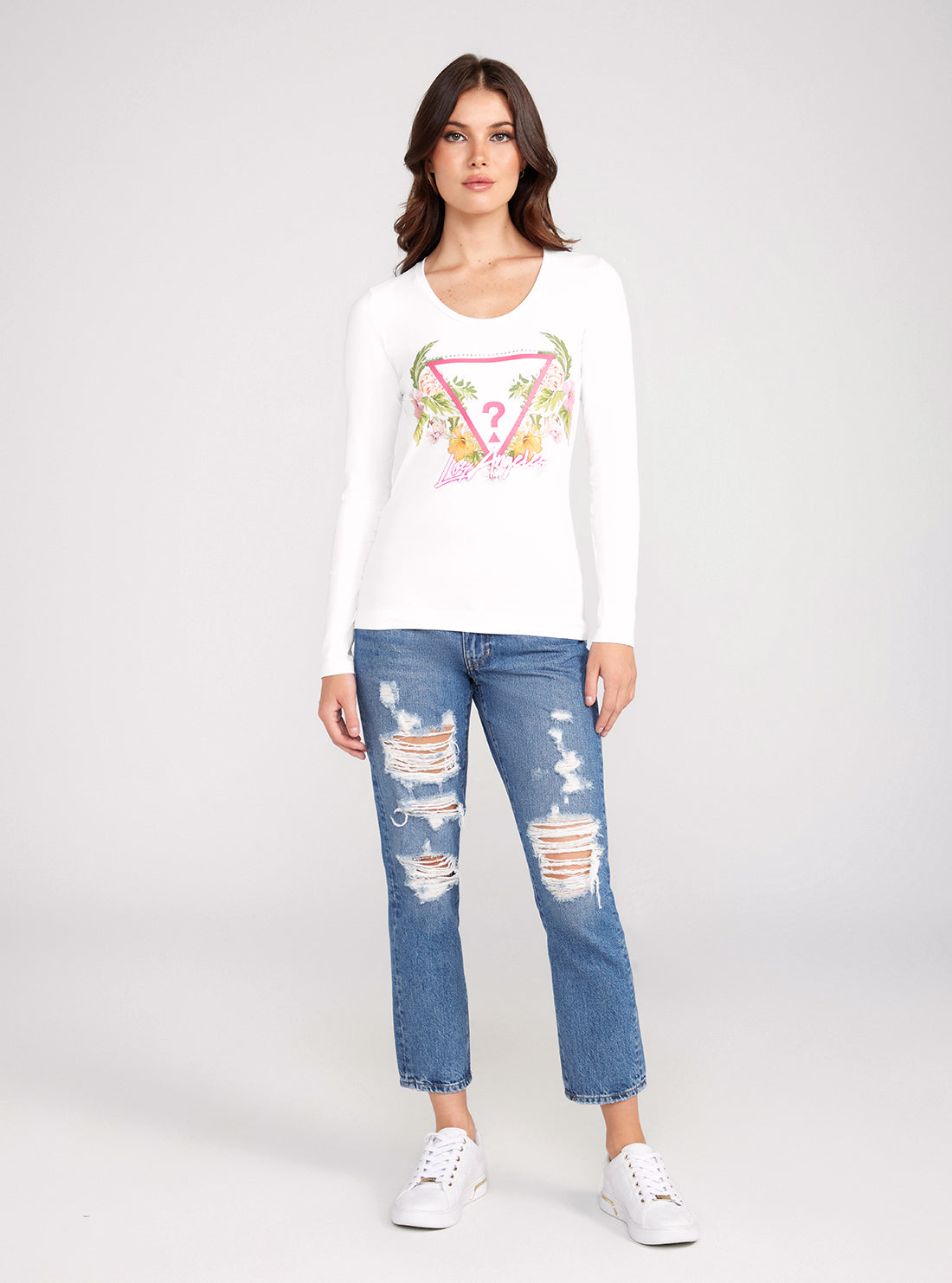 GUESS White Long Sleeve Triangle Flowers T-Shirt full view
