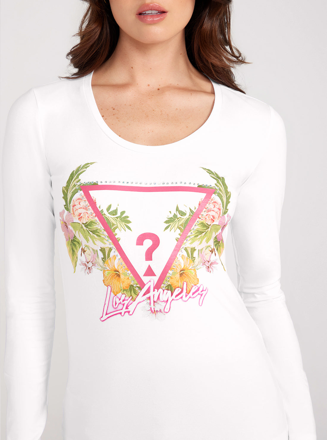 GUESS White Long Sleeve Triangle Flowers T-Shirt detail view