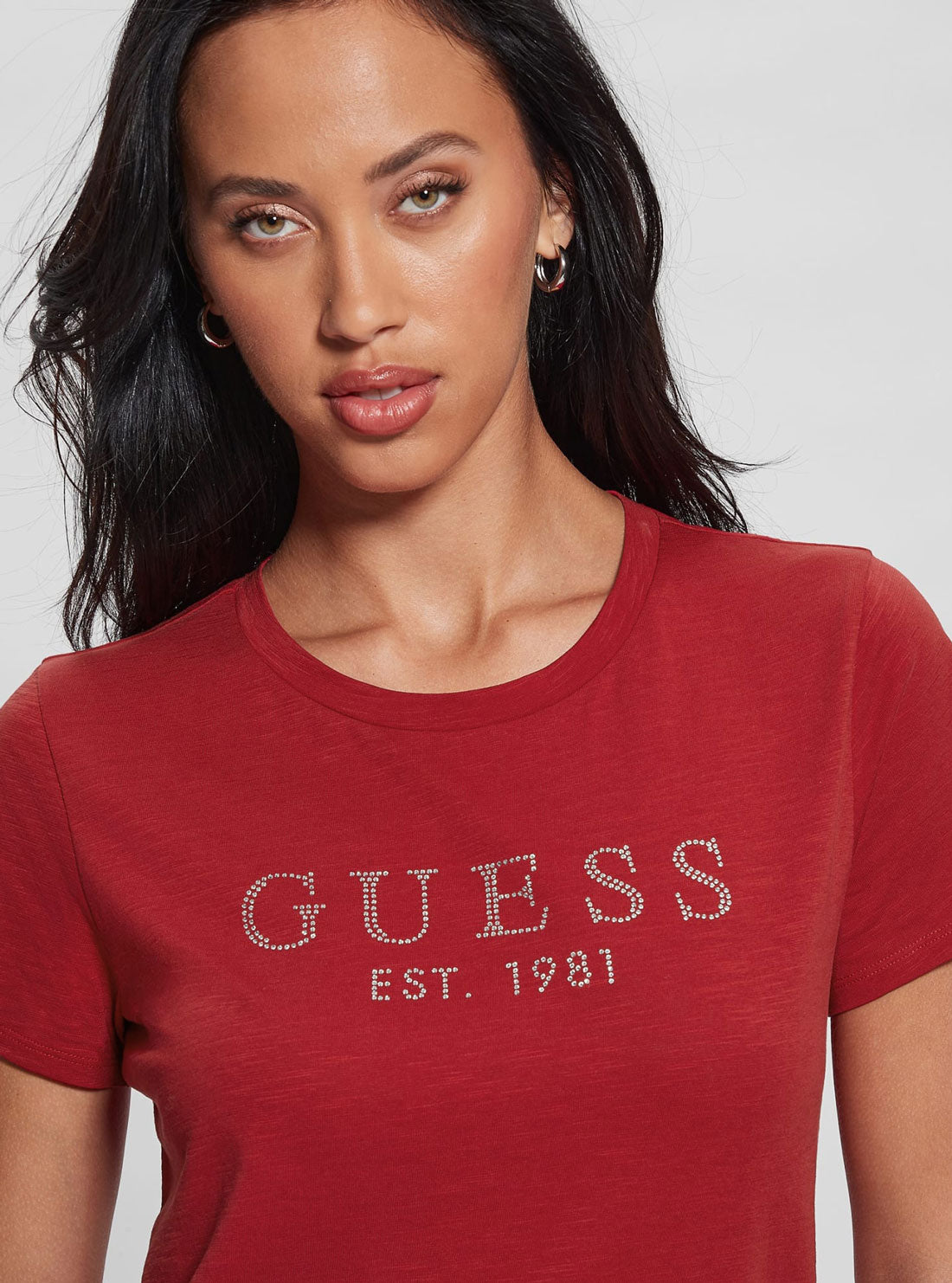 Eco Red 1981 Crystal logo T-Shirt | GUESS Women's Apparel | detail view