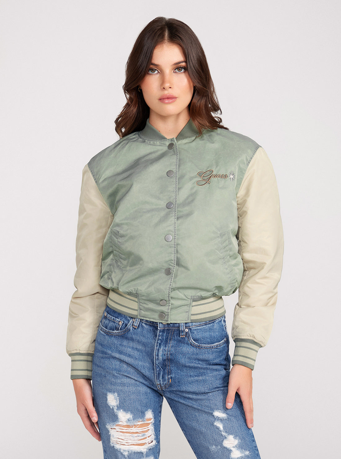 GUESS Green Felicia Embro Bomber Jacket front view