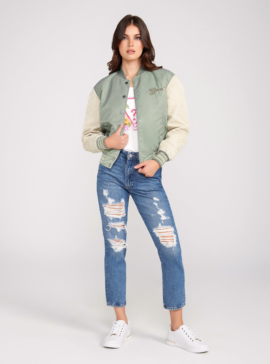 GUESS Green Felicia Embro Bomber Jacket full view
