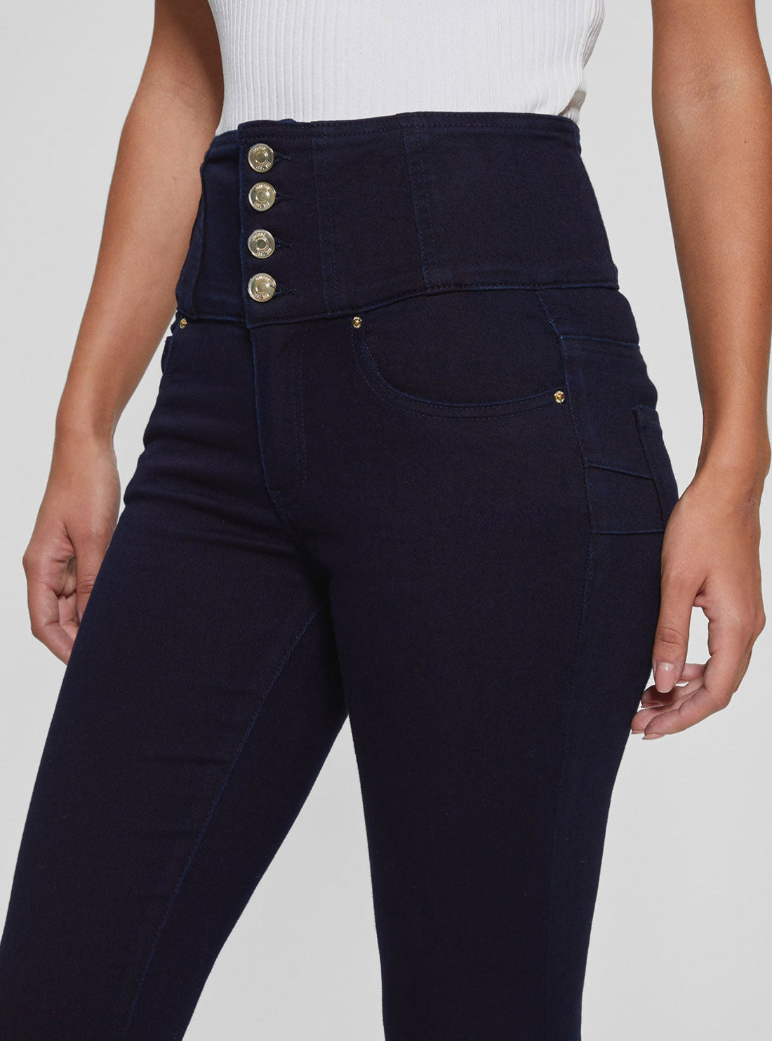 GUESS High-Rise Corset Shape Up Skinny Denim Jeans detail view