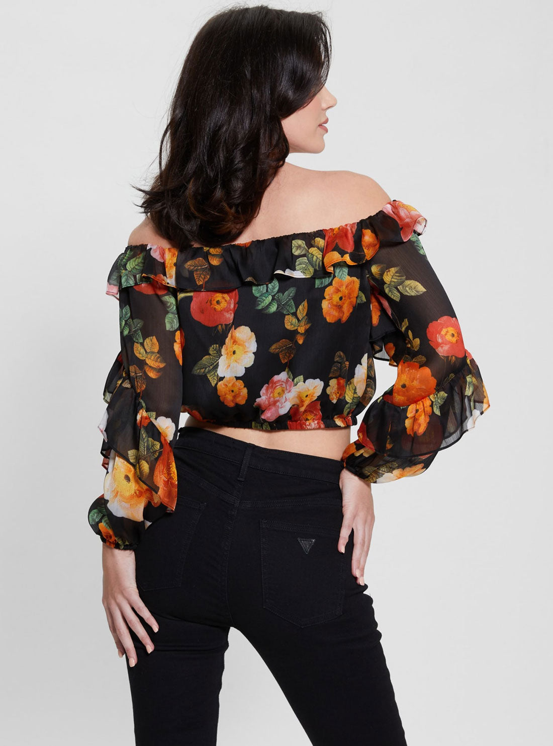 GUESS Black Floral Shani Ruffle Top back view