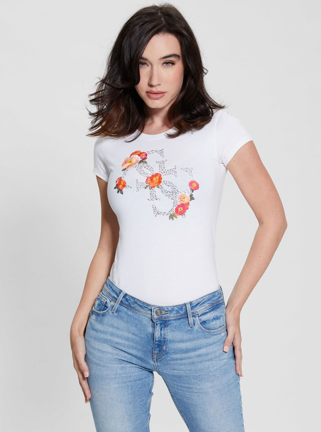 GUESS White Flower Quattro Logo T-Shirt front view