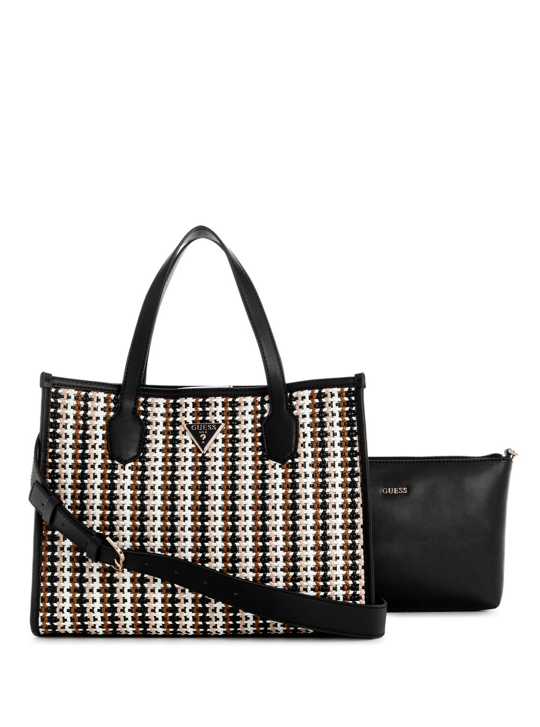 GUESS Black Multi Woven Silvana Tote Bag front view