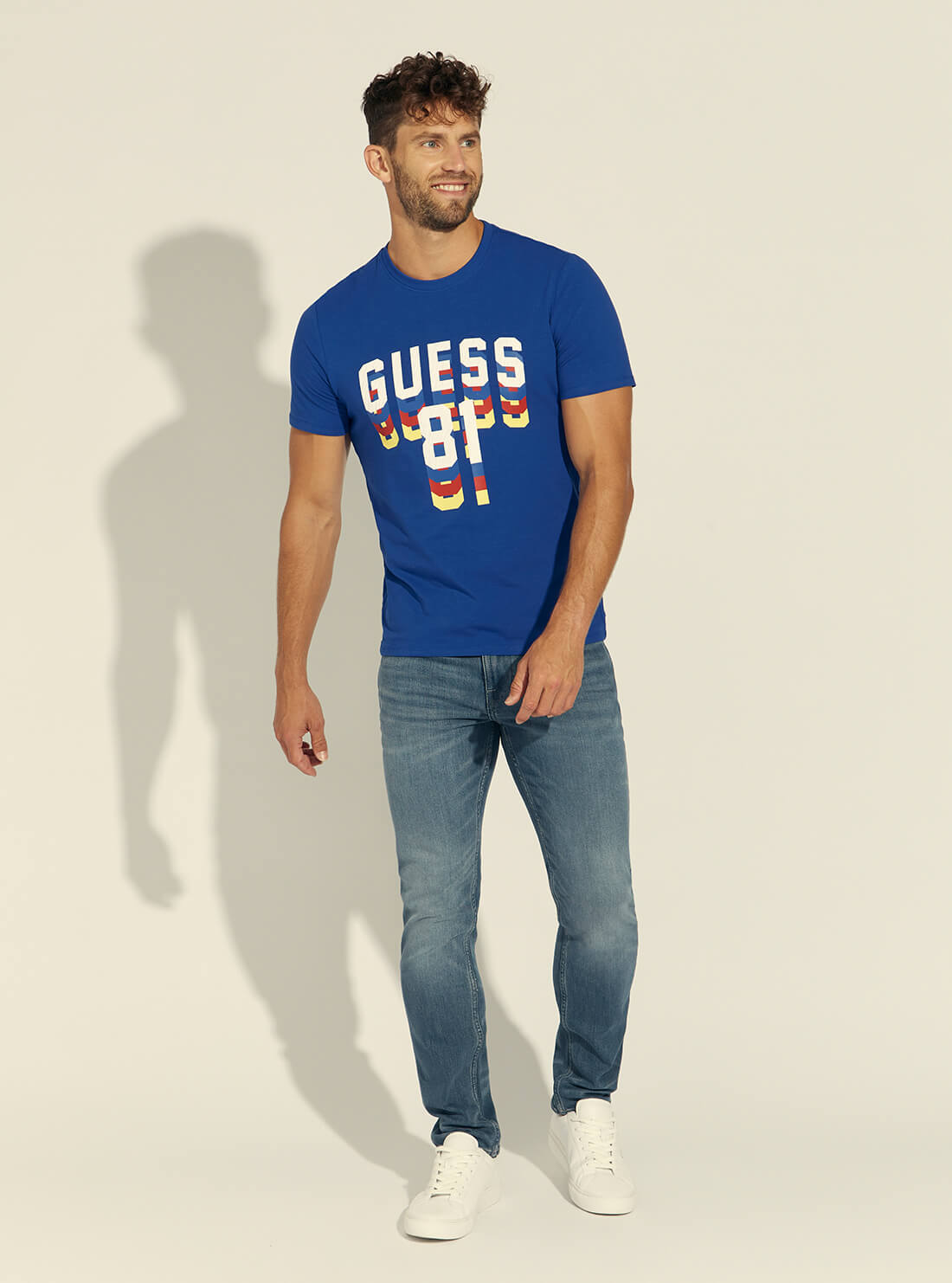 GUESS Mens Blue Dripping Logo T-Shirt M1BI37J1311 Full View