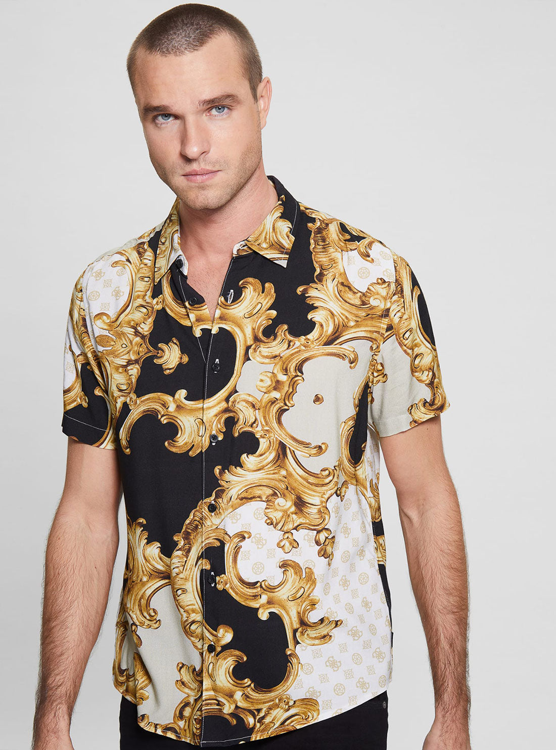 GUESS Men's Eco Gold Peony Print Rayon Shirt M3RH62WD4Z2 Front View