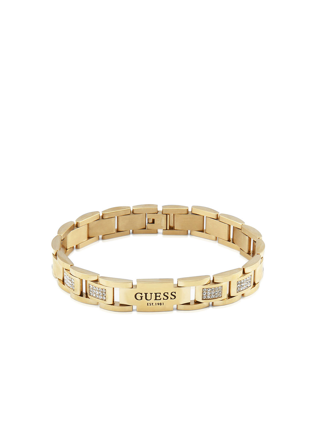 GUESS Men's Gold Logo Flat Chain Bracelet JUMB01342JWYGT-U Front View