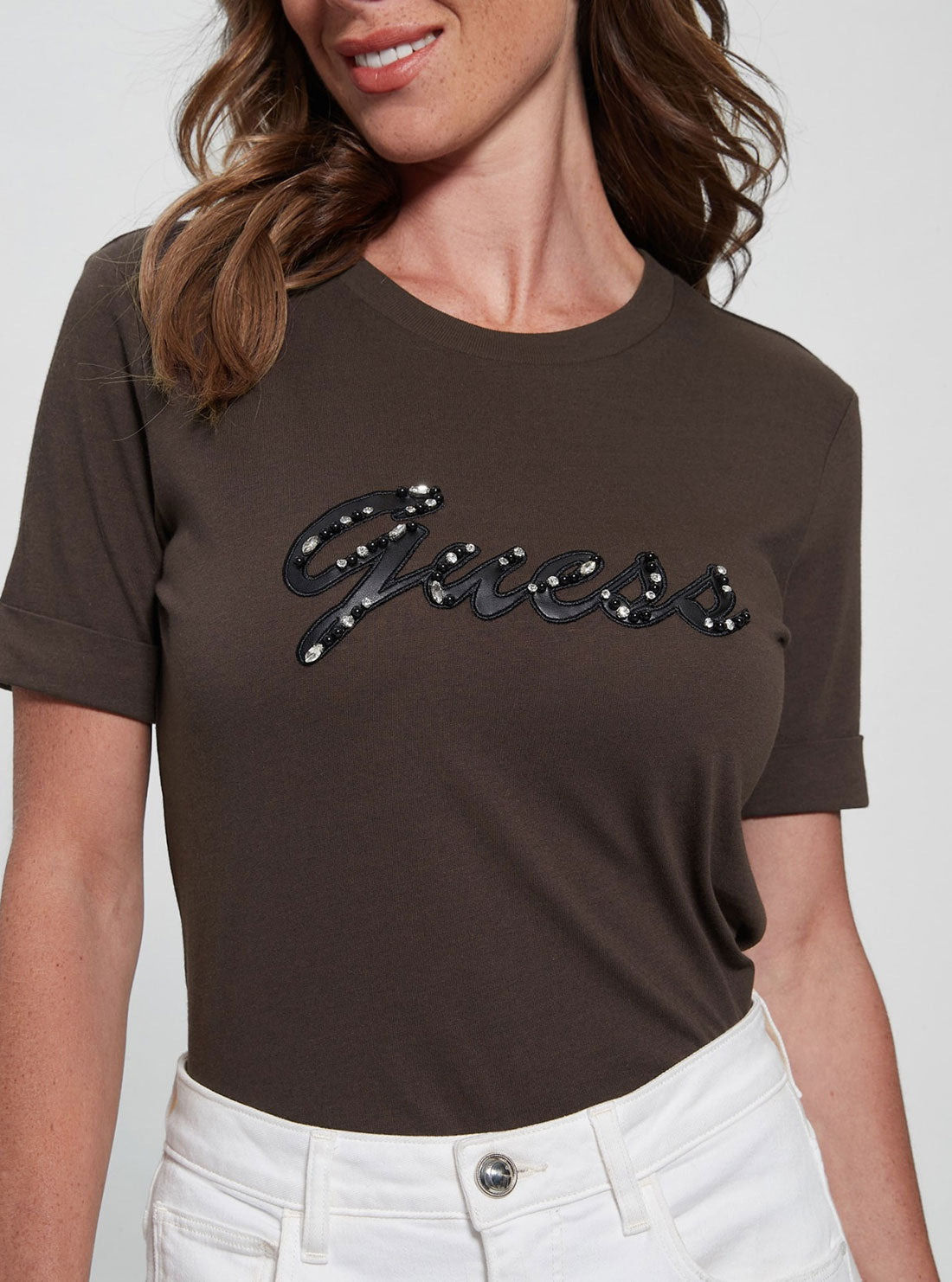 GUESS Women's Eco Brown Java Nichita Logo T-Shirt W2BI15K46D1 Detail View