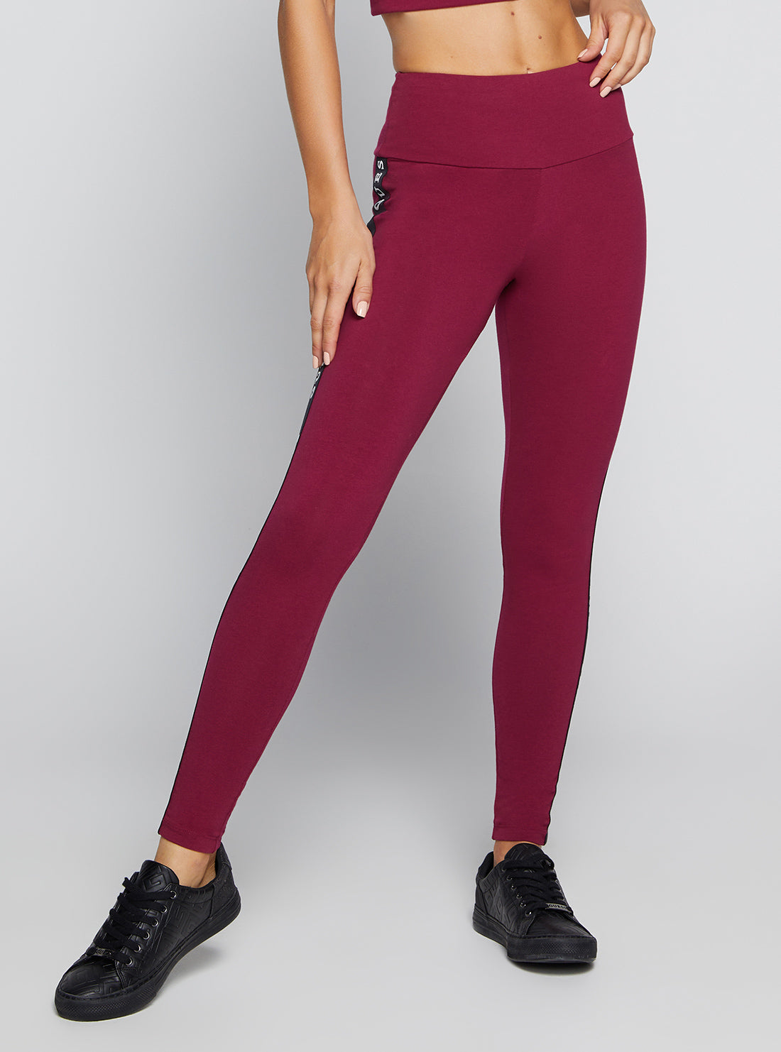 GUESS Women's Eco Purple Aline Logo Active Leggings V2YB14KABR0 Front View