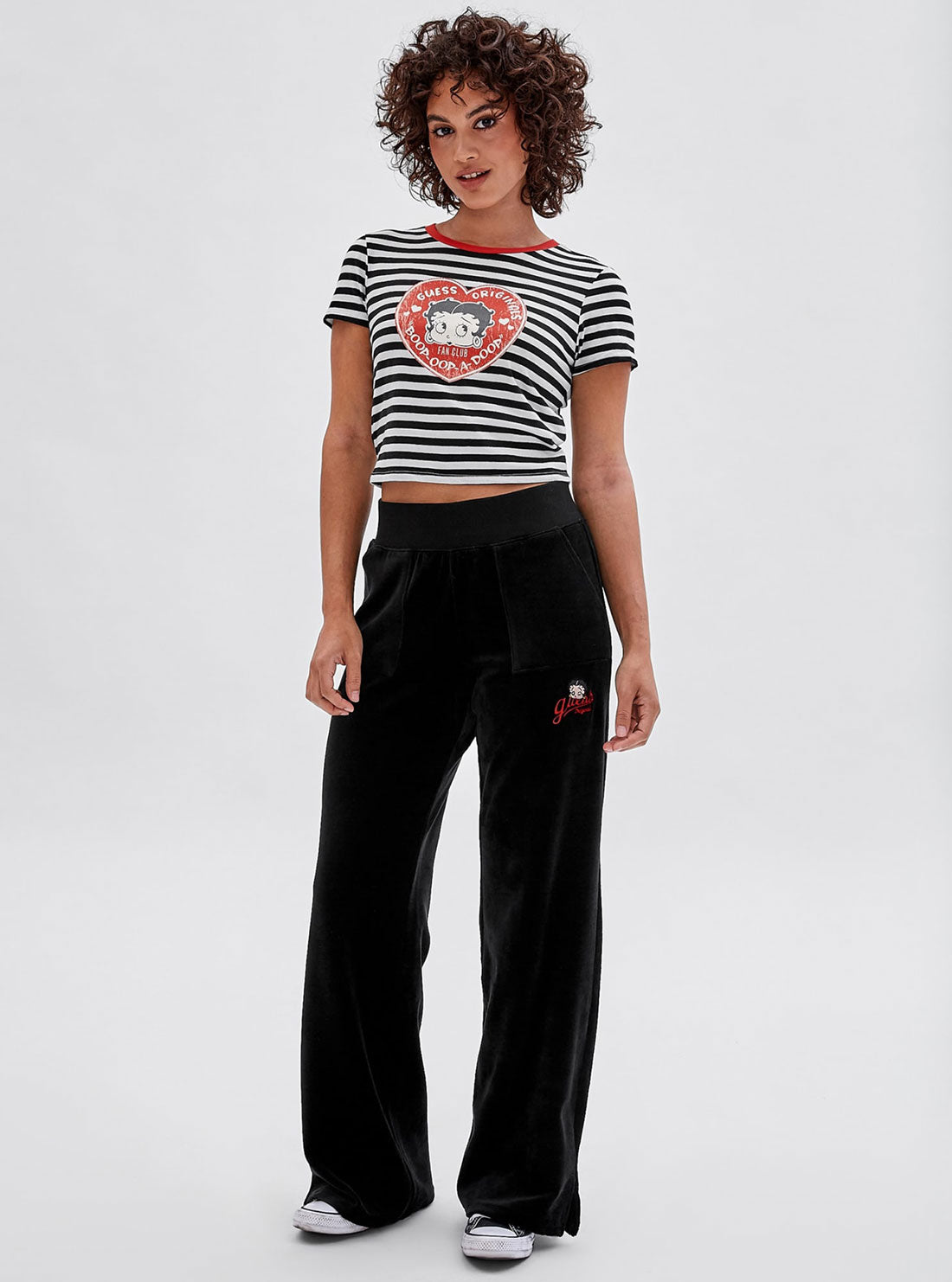 GUESS Women's Guess Originals x Betty Boop Black Striped Baby T-Shirt W2BP36KBA83 Full View