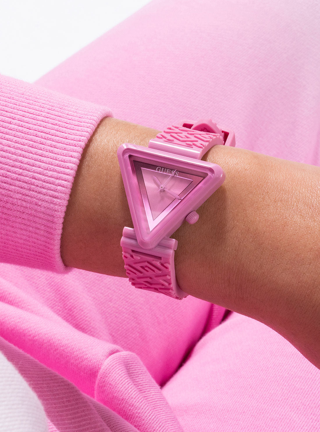 GUESS Women's Pink Fame Logo Silicone Watch GW0543L2 Wrist View