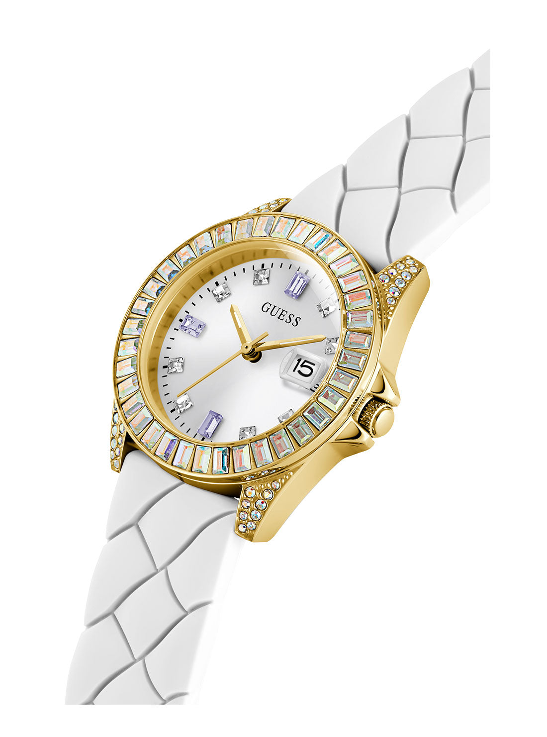 GUESS Women's White Opaline Crystal Silicone Watch GW0585L2 Angle View