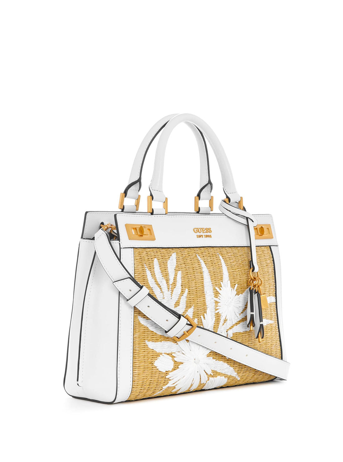 GUESS Women's White Palm Katey Luxury Satchel Bag WA787026 Front Side View
