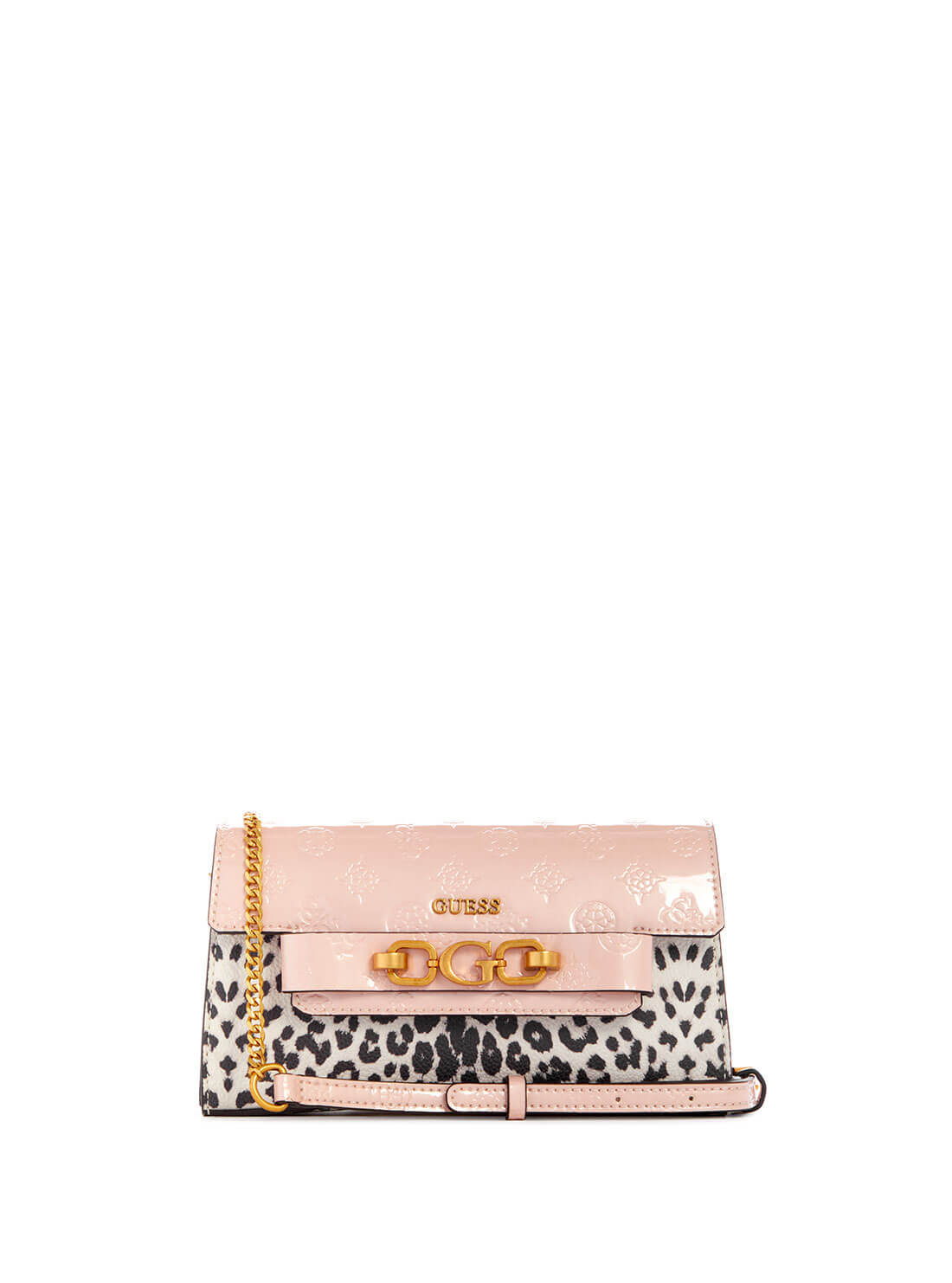 GUESS Womens Pink Leopard Zira Mini Crossbody Bag LA848478 Front View