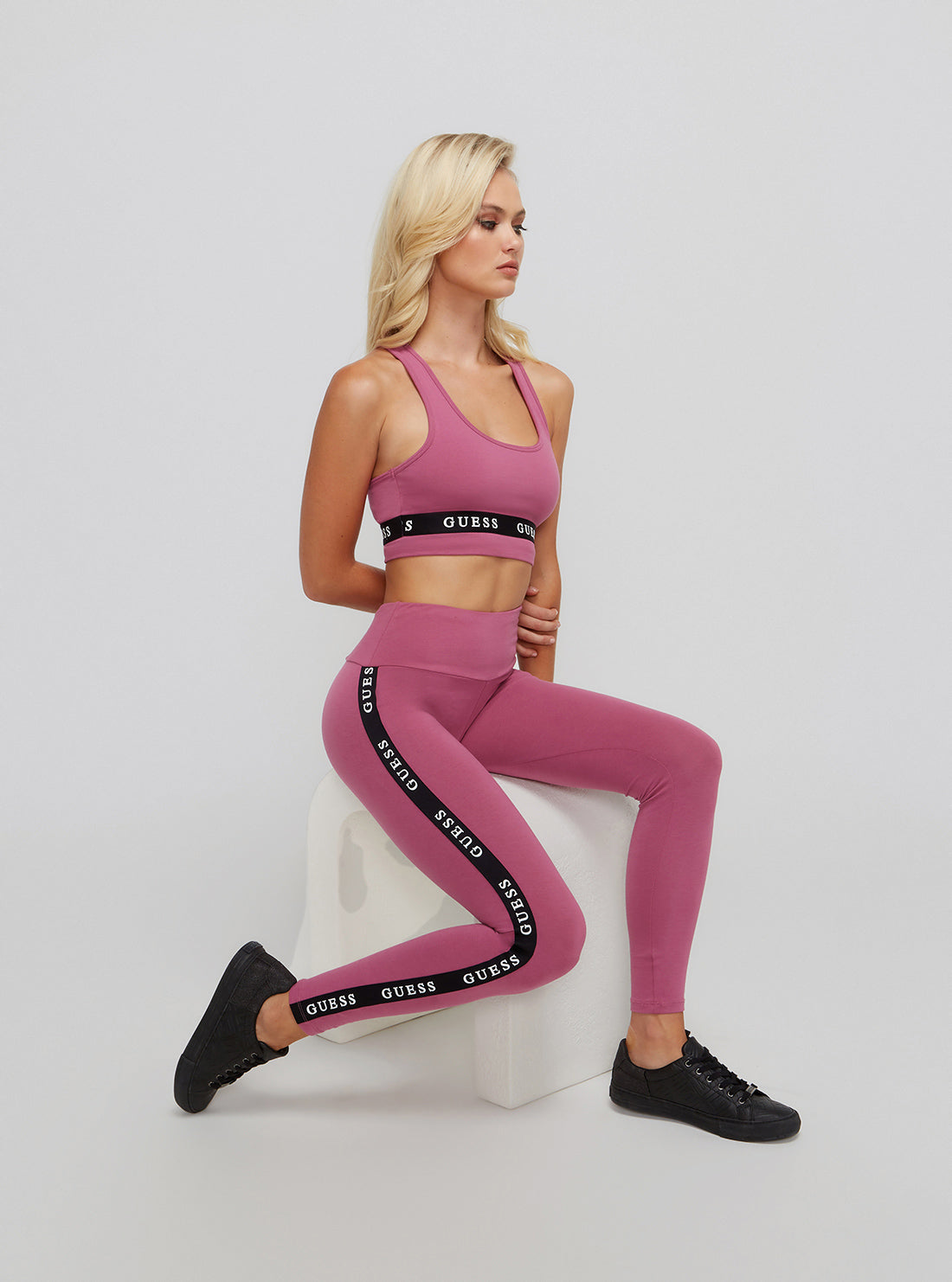Eco Purple Blush Aline Active Logo Leggings | GUESS Women's apparel | model view