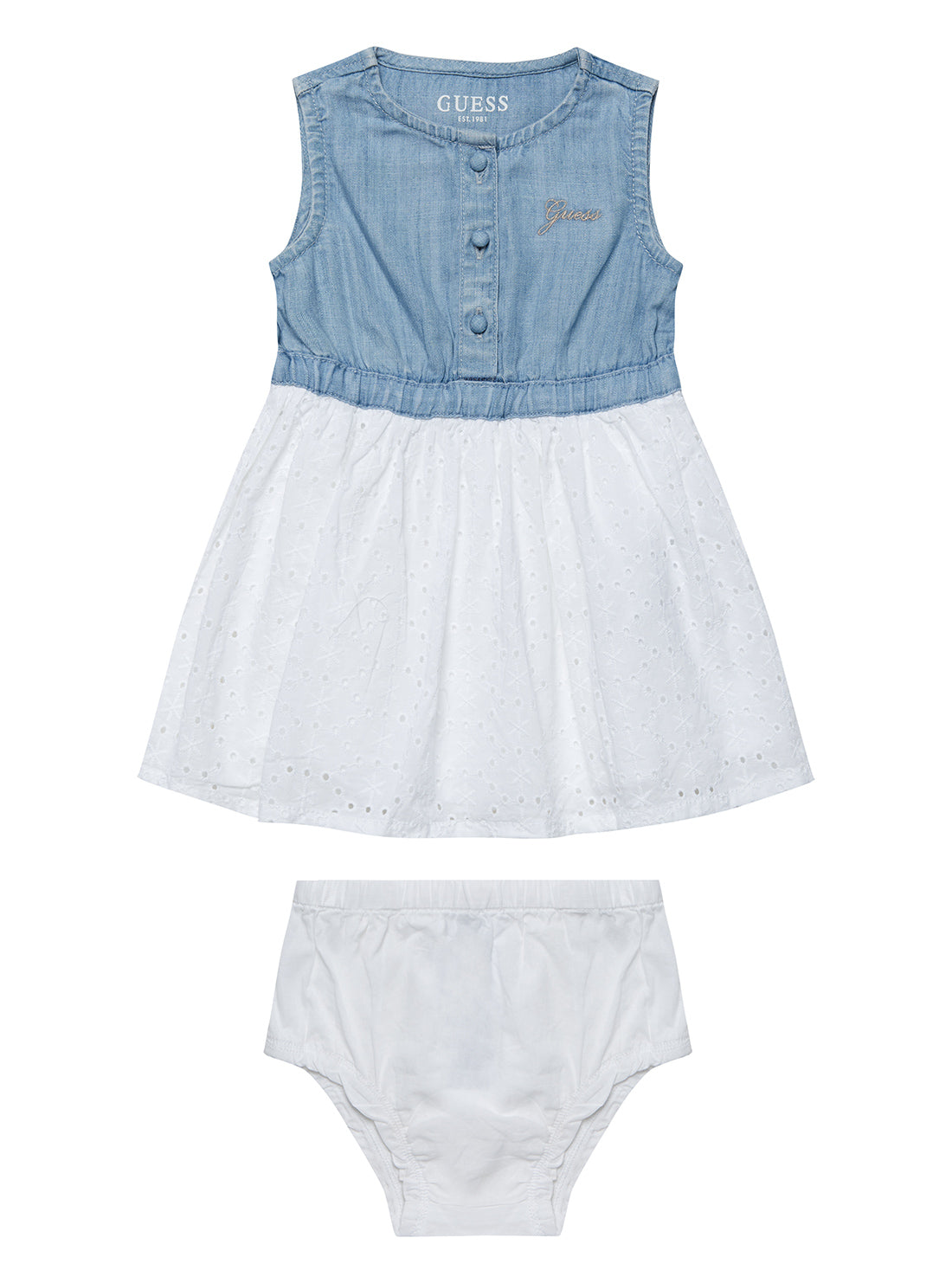 Blue Denim and White Embroidered Dress with Panties Set (0-12M) | GUESS Kids | Front view