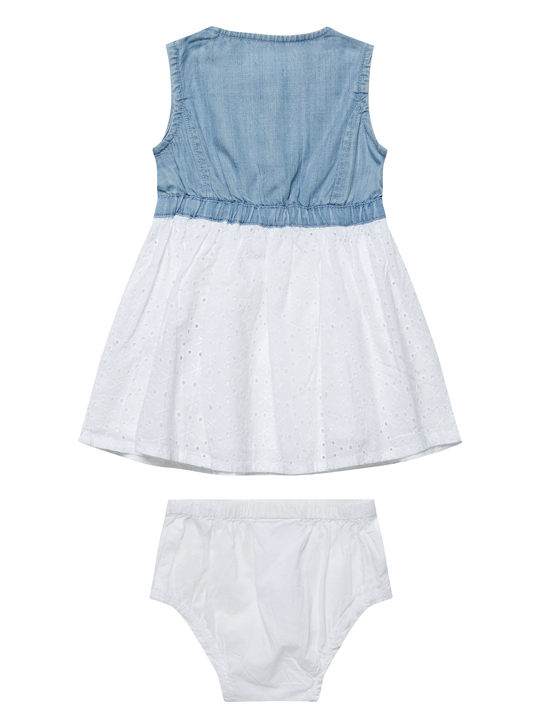 Blue Denim and White Embroidered Dress with Panties Set (0-12M) | GUESS Kids | back view