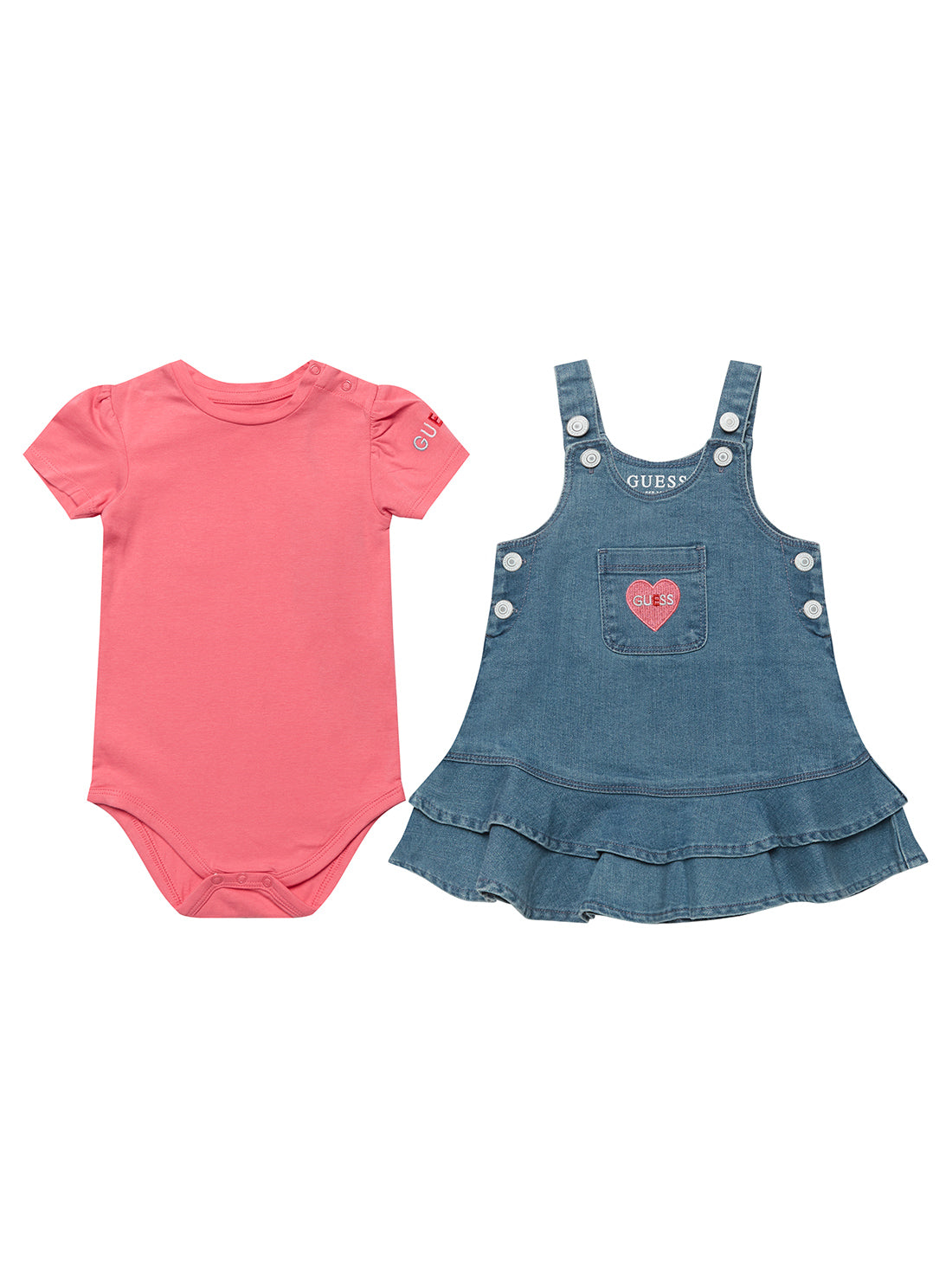 Pink Onesie and Blue Denim Dress Set (0-12M) | GUESS Kids | Front view